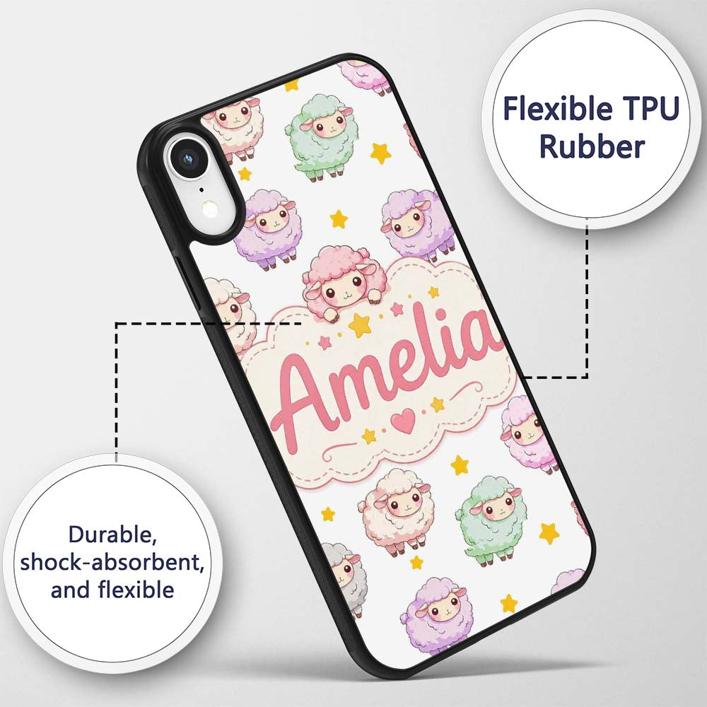 Cute Kawaii Sheep with Grey Star Printed Design Custom Name Protective Phone Case Mobile Cover Durable Everyday Smartphone Shock Resistant