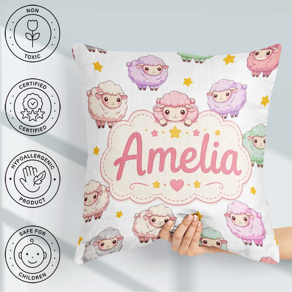 Custom Name Kawaii Sheep with Grey Star Background Seamless Name Square Filled Cushion Throw Pillow Sofa Bed Home Decor Zip Washable UK Made