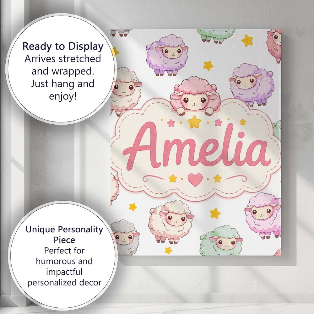 Personalised Name Cute Kawaii Sheep with Custom  Unique Gift Idea Elegant Feature Canvas Wall Art Print Decor Picture Ready to Hang