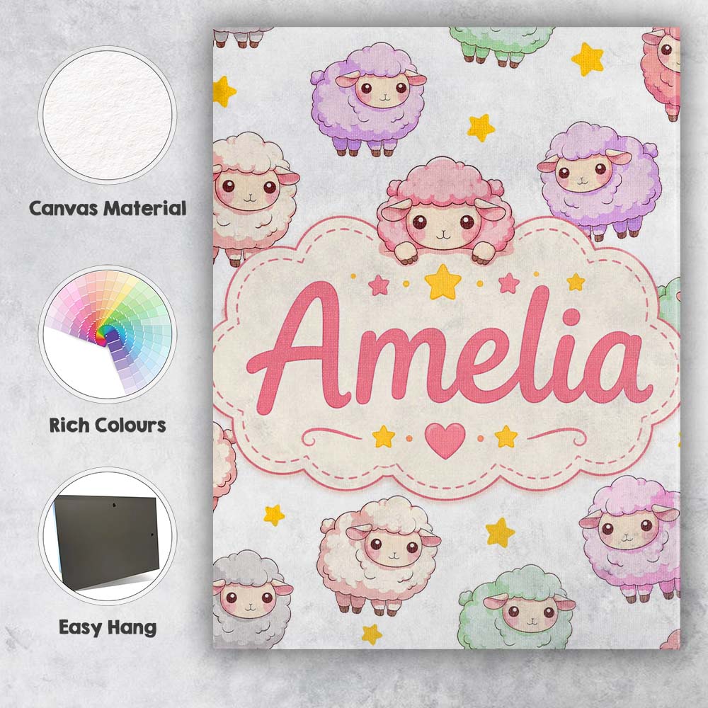 Personalised Name Cute Kawaii Sheep with Custom  Unique Gift Idea Elegant Feature Canvas Wall Art Print Decor Picture Ready to Hang