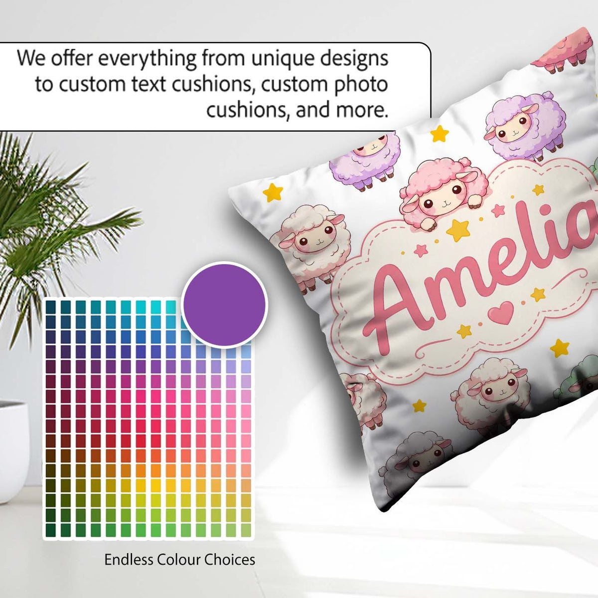 Custom Name Kawaii Sheep with Grey Star Background Seamless Name Square Filled Cushion Throw Pillow Sofa Bed Home Decor Zip Washable UK Made