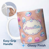 Personalized Custom Name Kawaii Jellyfish Starfish and Sea Creatures Warm Peach Background 11oz Ceramic Coffee Tea Mug White Large Handle
