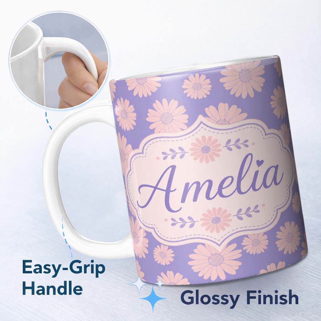 Personalized Custom Name Peach Daisy Floral Pattern on Lavender Purple Background Seamless 11oz Ceramic Coffee Tea Mug White Large Handle