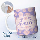 Personalized Custom Name Peach Daisy Floral Pattern on Lavender Purple Background Seamless 11oz Ceramic Coffee Tea Mug White Large Handle