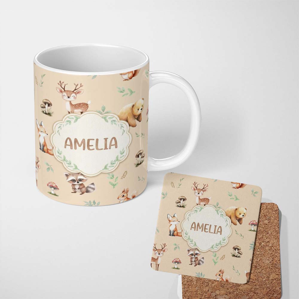 Personalized Custom Name Woodland Deer Bear Fox Owl Raccoon Leaves Mushrooms Beige Seamless 11oz Ceramic Coffee Tea Mug White Large Handle