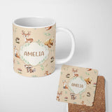 Personalized Custom Name Woodland Deer Bear Fox Owl Raccoon Leaves Mushrooms Beige Seamless 11oz Ceramic Coffee Tea Mug White Large Handle
