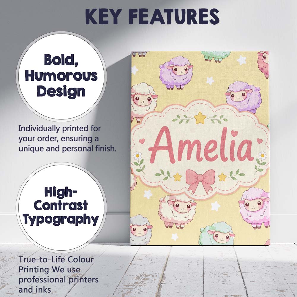 Personalised Name Cute Kawaii Sheep with Custom  Unique Gift Idea Elegant Feature Canvas Wall Art Print Decor Picture Ready to Hang