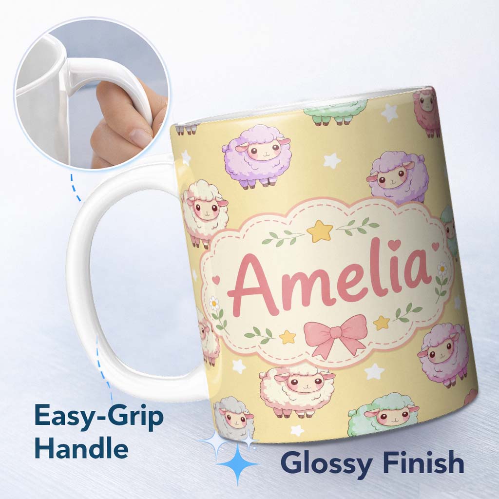 Personalized Custom Name Cute Kawaii Sheep with Yellow Star Background Seamless Pattern 11oz Ceramic Coffee Tea Mug White Large Handle