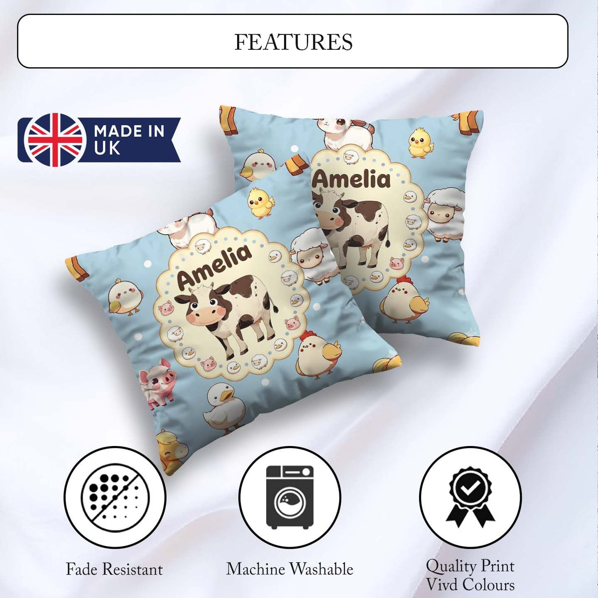 Custom Name Cute Farm Animals Cow Pig Duck Chicken Seamless Name Square Filled Cushion Throw Pillow Sofa Bed Home Decor Zip Washable UK Made