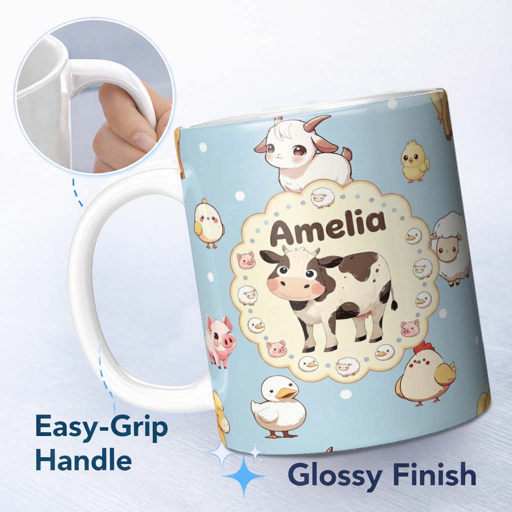 Personalized Custom Name Cute Farm Animals Cow Pig Duck Chicken Seamless Pattern Name Unique 11oz Ceramic Coffee Tea Mug White Large Handle