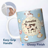 Personalized Custom Name Cute Farm Animals Cow Pig Duck Chicken Seamless Pattern Name Unique 11oz Ceramic Coffee Tea Mug White Large Handle