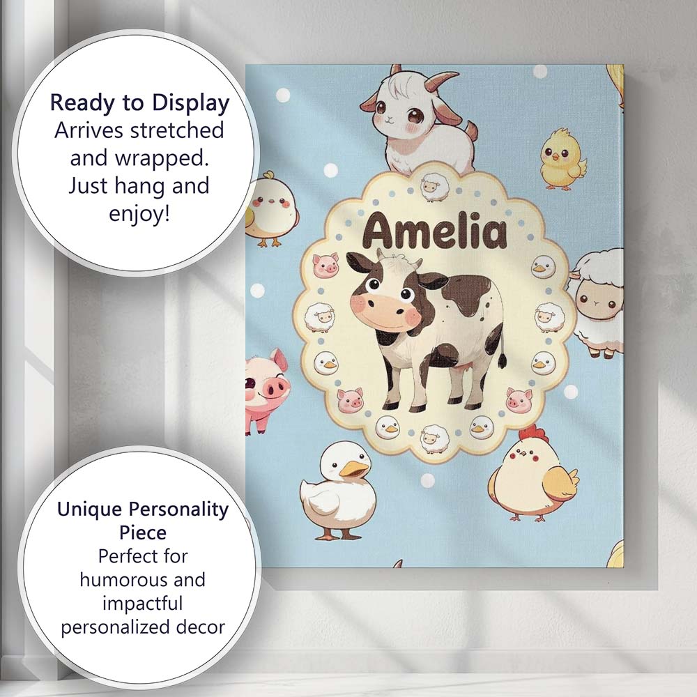 Personalised Name Cute Farm Animals Cow Pig Custom  Bespoke Interior Contemporary Canvas Wall Art Print Decor Picture Ready to Hang