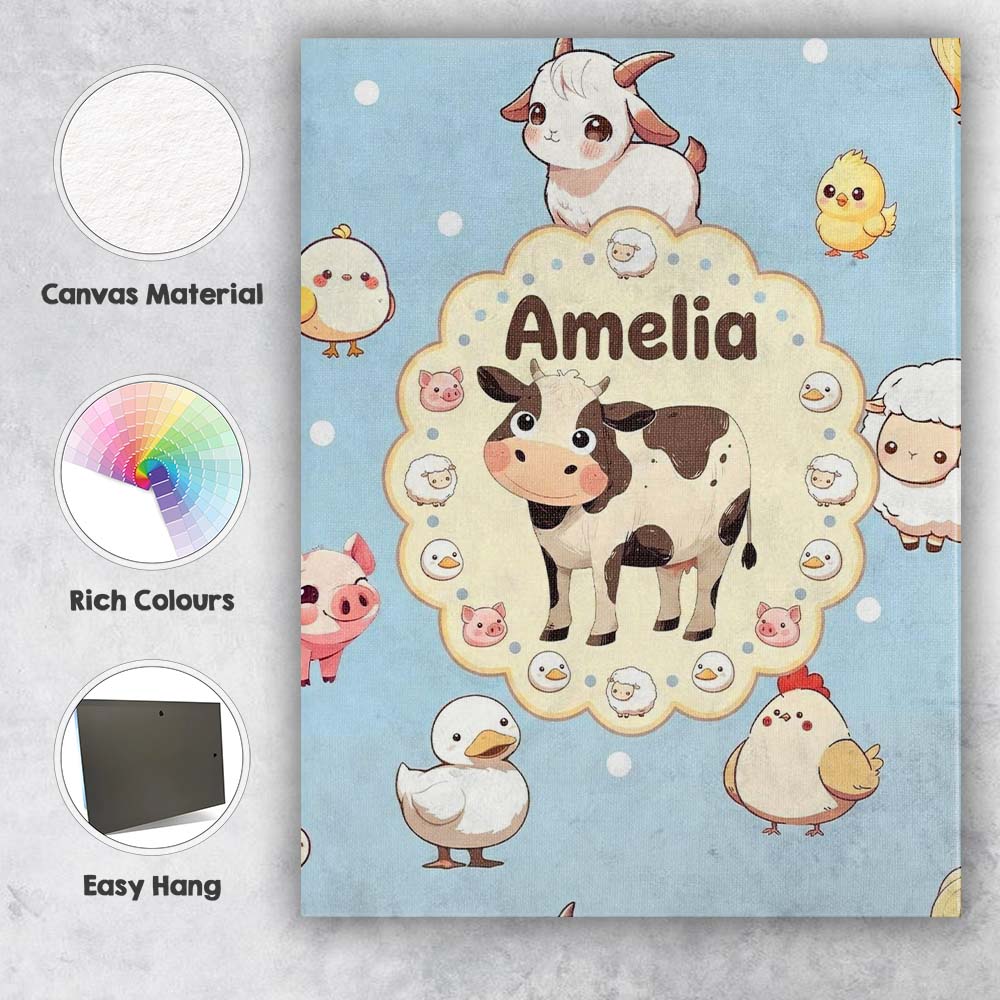 Personalised Name Cute Farm Animals Cow Pig Custom  Bespoke Interior Contemporary Canvas Wall Art Print Decor Picture Ready to Hang