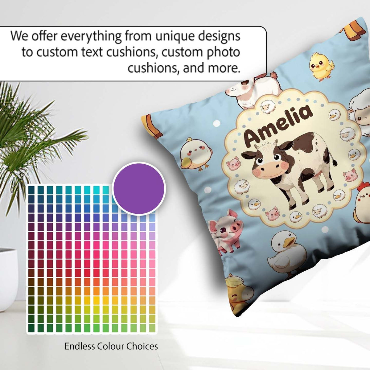 Custom Name Cute Farm Animals Cow Pig Duck Chicken Seamless Name Square Filled Cushion Throw Pillow Sofa Bed Home Decor Zip Washable UK Made
