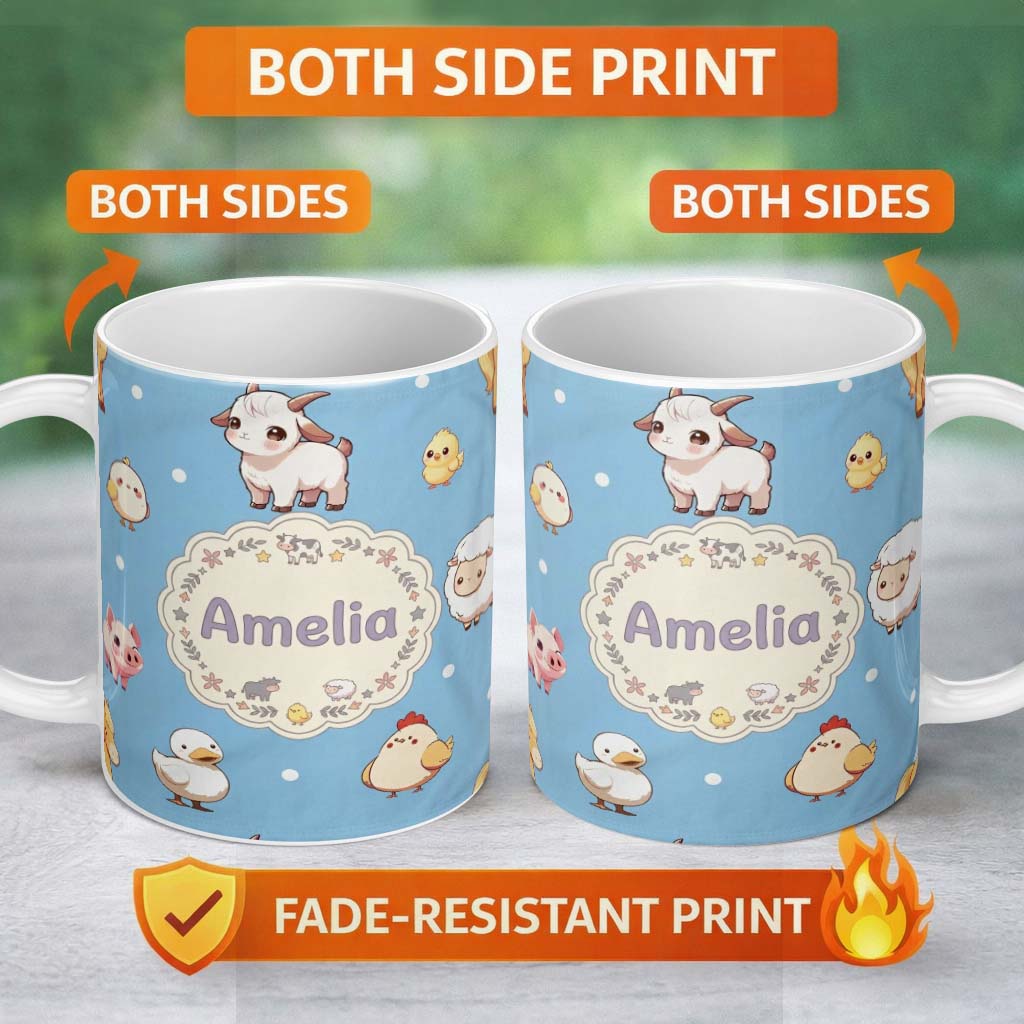 Personalized Custom Name Cute Farm Animals Blue Background Seamless Pattern Custom Name 11oz Ceramic Coffee Tea Mug White Large Handle