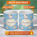 Personalized Custom Name Cute Farm Animals Blue Background Seamless Pattern Custom Name 11oz Ceramic Coffee Tea Mug White Large Handle