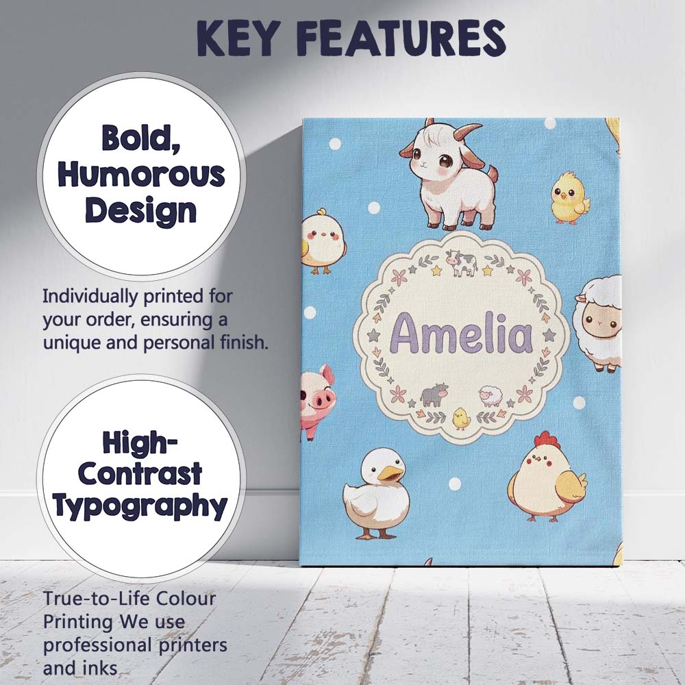 Personalised Name Cute Farm Animals Blue Custom  Unique Gift Idea Elegant Feature Canvas Wall Art Print Decor Picture Ready to Hang