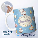 Personalized Custom Name Cute Farm Animals Blue Background Seamless Pattern Custom Name 11oz Ceramic Coffee Tea Mug White Large Handle