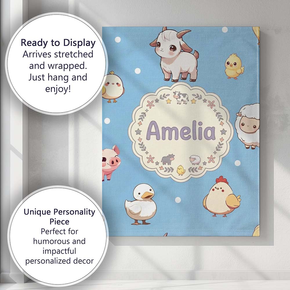 Personalised Name Cute Farm Animals Blue Custom  Unique Gift Idea Elegant Feature Canvas Wall Art Print Decor Picture Ready to Hang