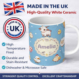 Personalized Custom Name Cute Farm Animals Blue Background Seamless Pattern Custom Name 11oz Ceramic Coffee Tea Mug White Large Handle