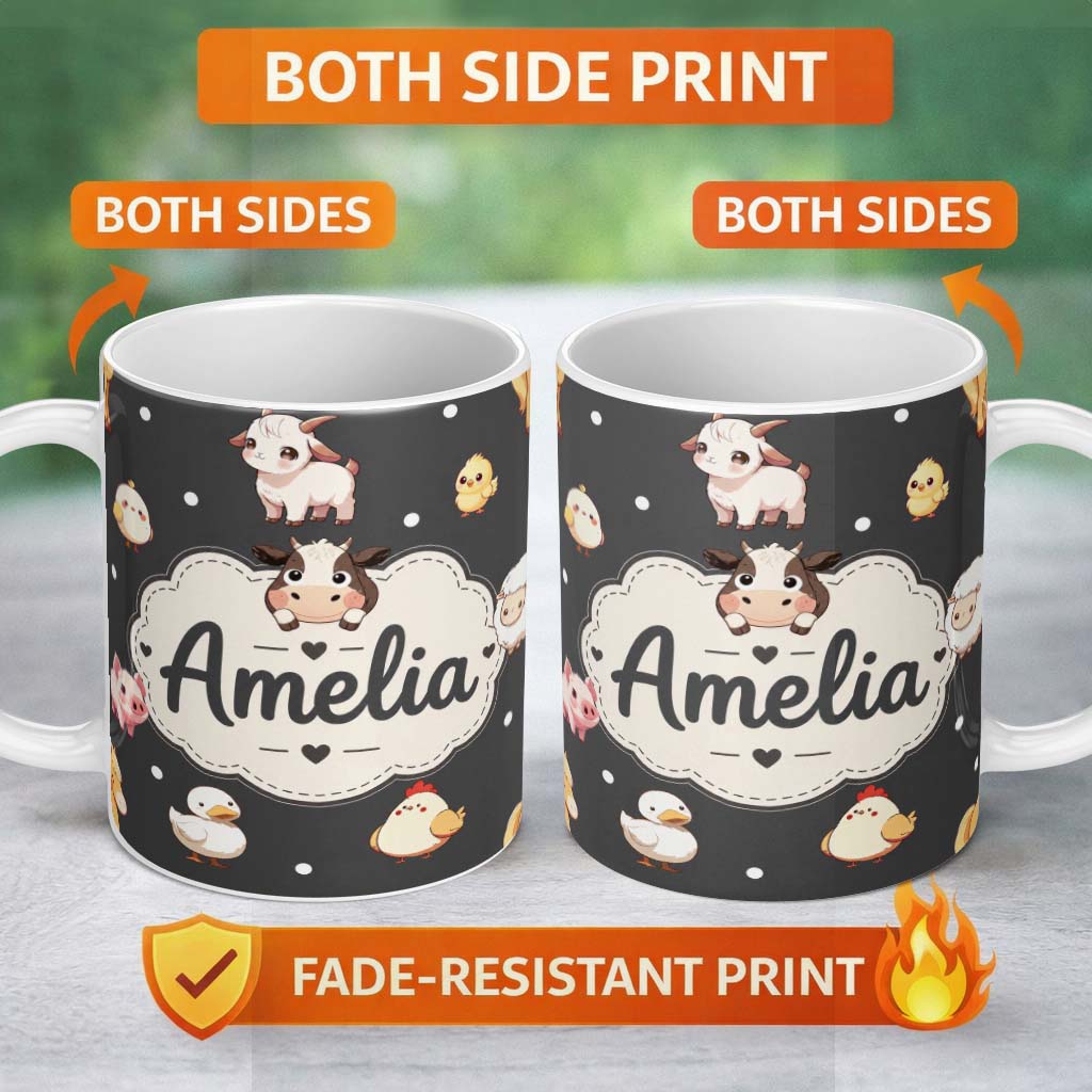 Personalized Custom Name Cute Farm Animals Dark Background Seamless Pattern Custom Name 11oz Ceramic Coffee Tea Mug White Large Handle