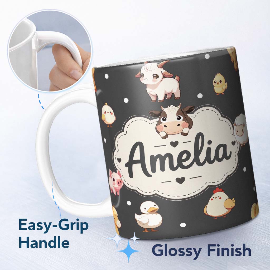 Personalized Custom Name Cute Farm Animals Dark Background Seamless Pattern Custom Name 11oz Ceramic Coffee Tea Mug White Large Handle