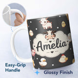 Personalized Custom Name Cute Farm Animals Dark Background Seamless Pattern Custom Name 11oz Ceramic Coffee Tea Mug White Large Handle