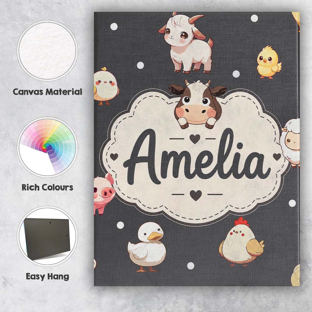 Personalised Name Cute Farm Animals Dark Custom  Unique Gift Idea Elegant Feature Canvas Wall Art Print Decor Picture Ready to Hang
