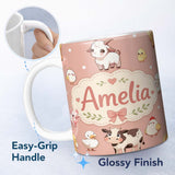 Personalized Custom Name Cute Farm Animals Peach Background Seamless Pattern Name Unique Gift 11oz Ceramic Coffee Tea Mug White Large Handle
