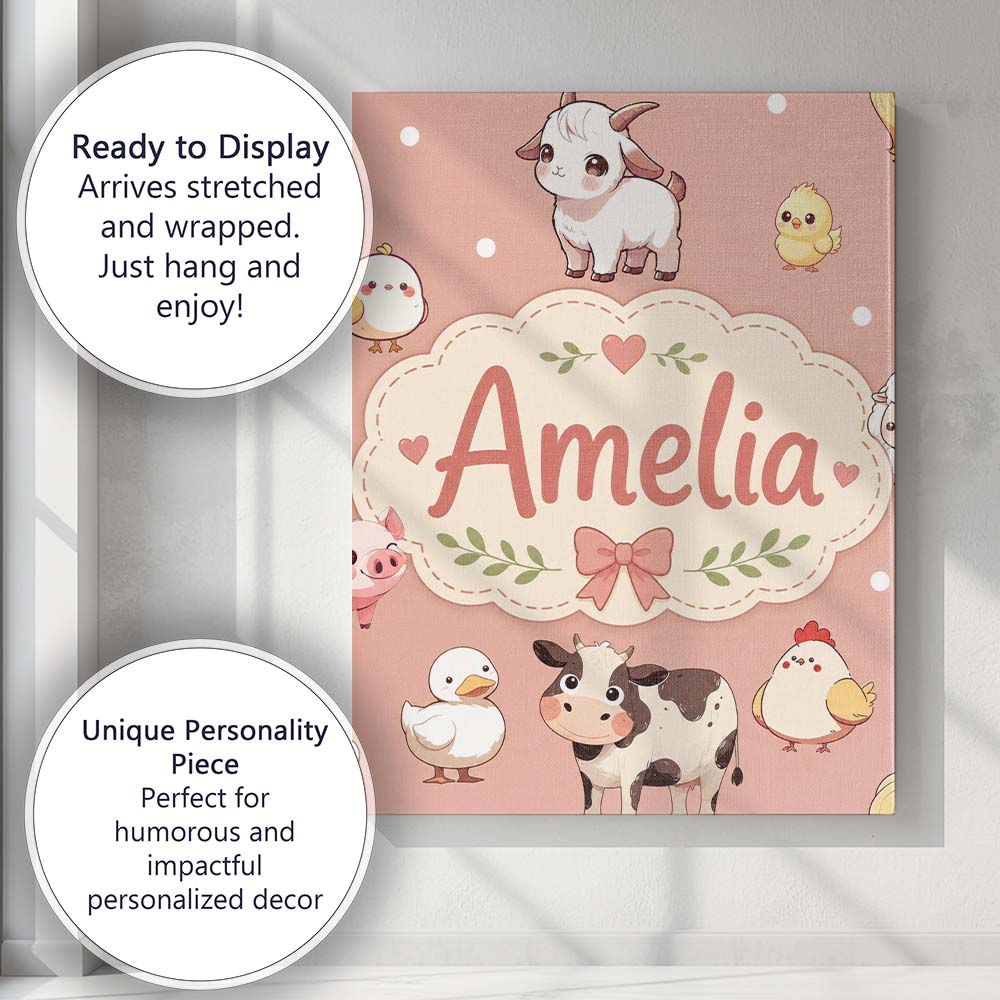 Personalised Name Cute Farm Animals Peach Custom  Unique Gift Idea Elegant Feature Canvas Wall Art Print Decor Picture Ready to Hang