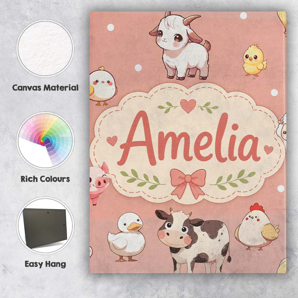 Personalised Name Cute Farm Animals Peach Custom  Unique Gift Idea Elegant Feature Canvas Wall Art Print Decor Picture Ready to Hang