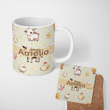 Personalized Custom Name Cute Farm Animals Cream Dot Background Seamless Pattern Name Unique 11oz Ceramic Coffee Tea Mug White Large Handle
