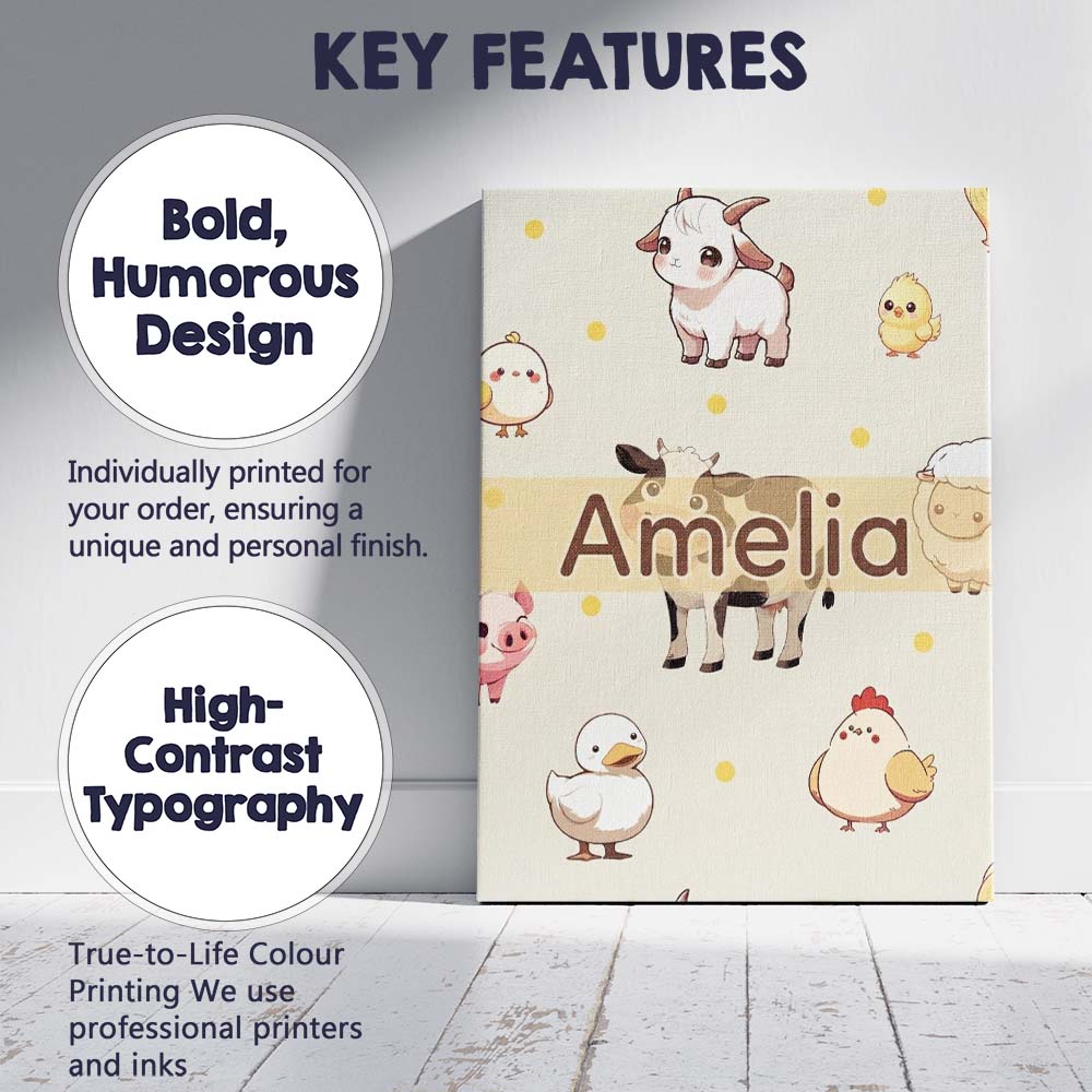 Personalised Name Cute Farm Animals Cream Custom  Unique Gift Idea Elegant Feature Canvas Wall Art Print Decor Picture Ready to Hang