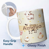 Personalized Custom Name Cute Farm Animals Cream Dot Background Seamless Pattern Name Unique 11oz Ceramic Coffee Tea Mug White Large Handle