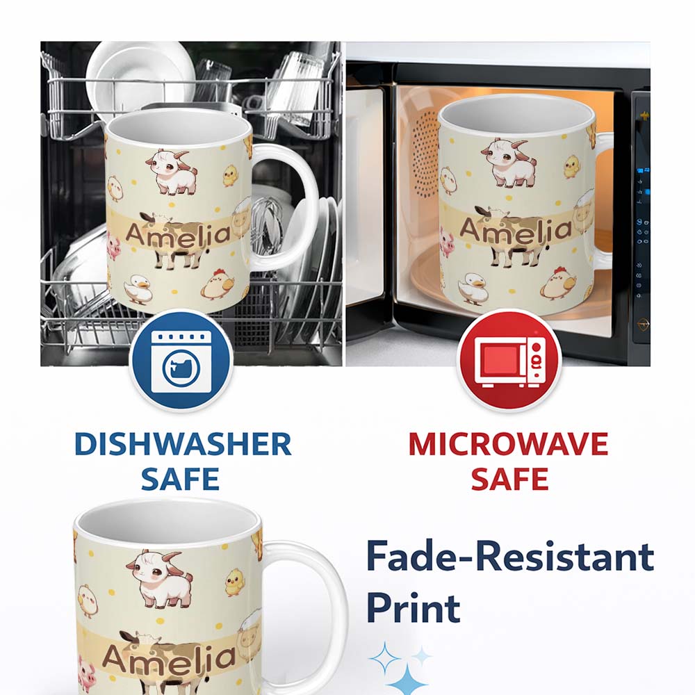 Personalized Custom Name Cute Farm Animals Cream Dot Background Seamless Pattern Name Unique 11oz Ceramic Coffee Tea Mug White Large Handle