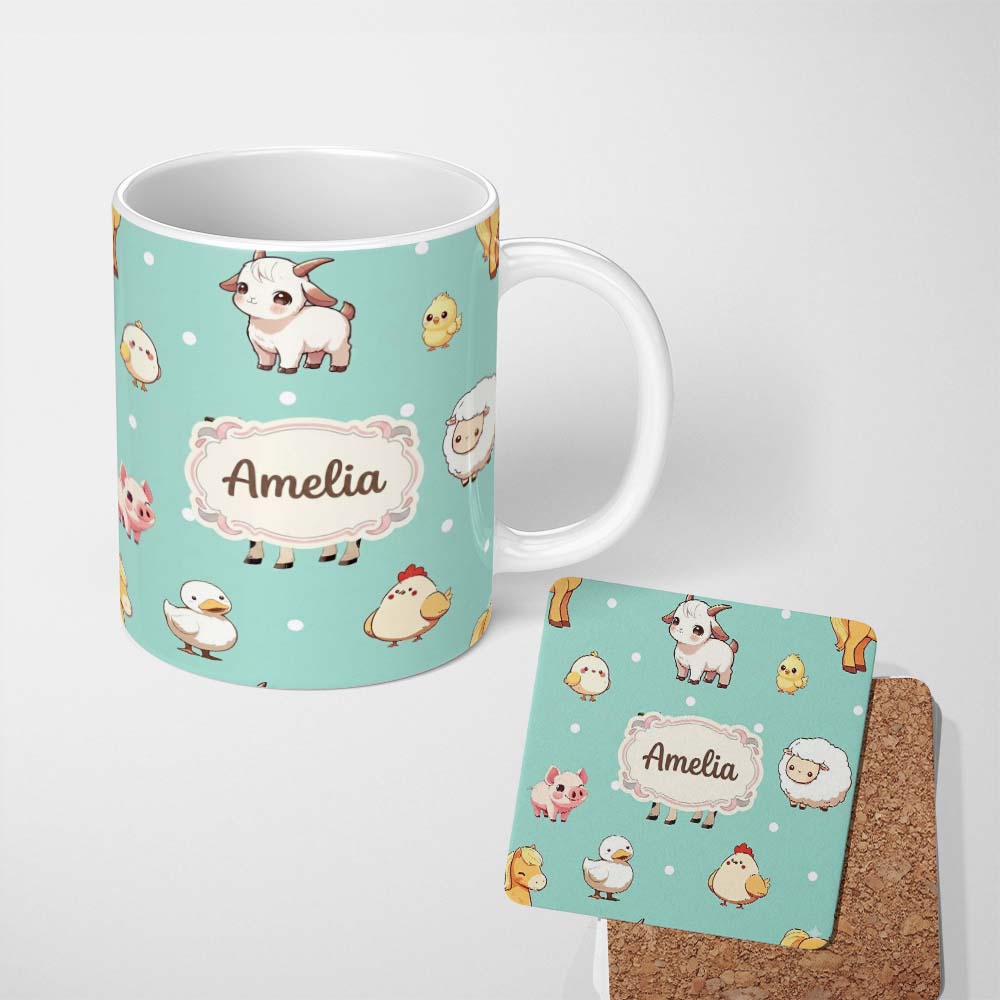 Personalized Custom Name Cute Farm Animals Mint Background Seamless Pattern Custom Name 11oz Ceramic Coffee Tea Mug White Large Handle