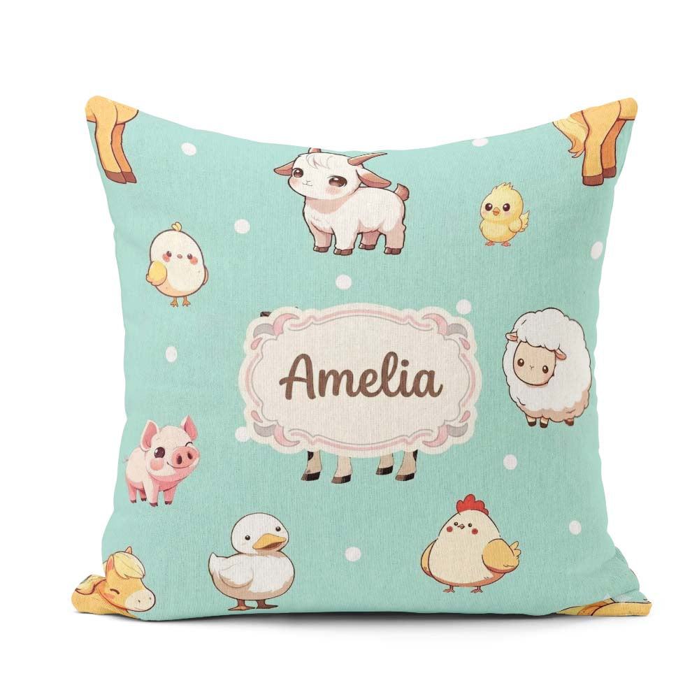 Custom Name Cute Farm Animals Mint Background Seamless Pattern Square Filled Cushion Throw Pillow Sofa Bed Home Decor Zip Washable UK Made
