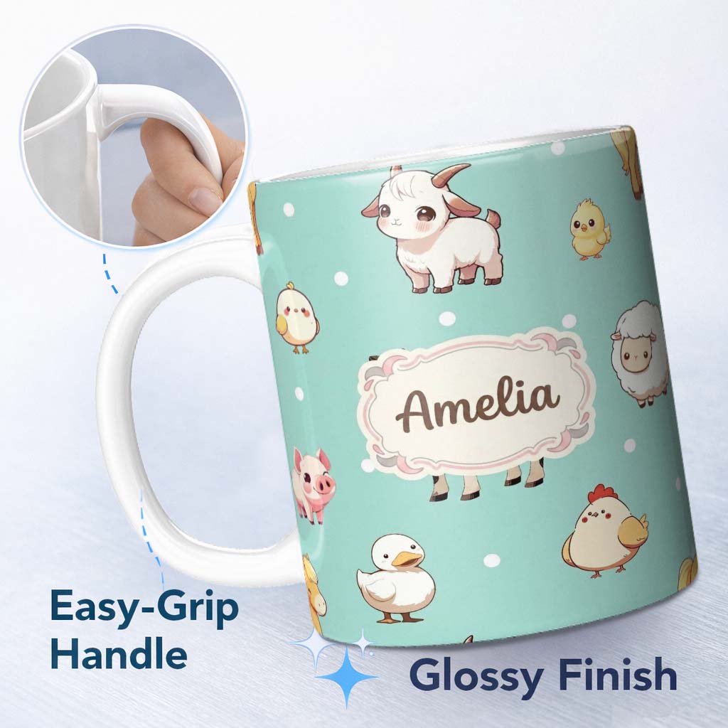 Personalized Custom Name Cute Farm Animals Mint Background Seamless Pattern Custom Name 11oz Ceramic Coffee Tea Mug White Large Handle