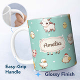 Personalized Custom Name Cute Farm Animals Mint Background Seamless Pattern Custom Name 11oz Ceramic Coffee Tea Mug White Large Handle