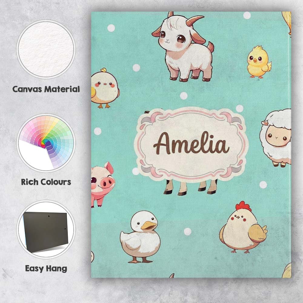 Personalised Name Cute Farm Animals Mint Custom  Unique Gift Idea Elegant Feature Canvas Wall Art Print Decor Picture Ready to Hang