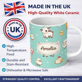 Personalized Custom Name Cute Farm Animals Mint Background Seamless Pattern Custom Name 11oz Ceramic Coffee Tea Mug White Large Handle