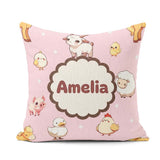 Custom Name Cute Farm Animals Cow Pig Duck Chicken Pink Seamless Square Filled Cushion Throw Pillow Sofa Bed Home Decor Zip Washable UK Made