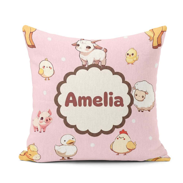 Custom Name Cute Farm Animals Cow Pig Duck Chicken Pink Seamless Square Filled Cushion Throw Pillow Sofa Bed Home Decor Zip Washable UK Made