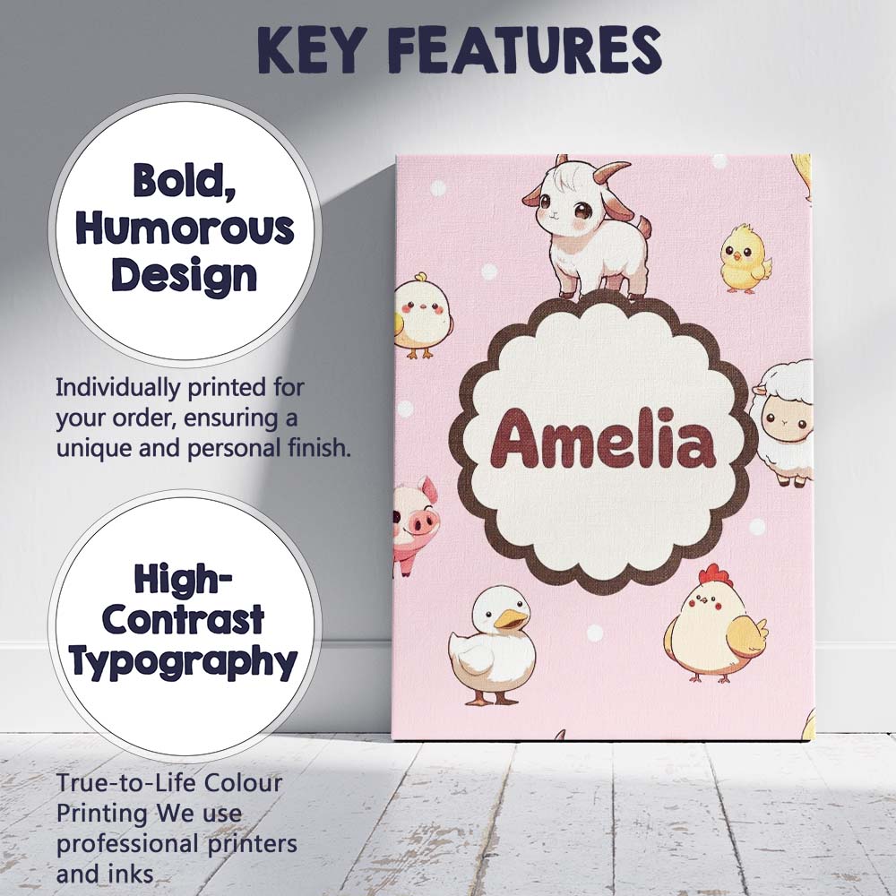 Personalised Name Cute Farm Animals Cow Pig Custom  Bespoke Interior Contemporary Canvas Wall Art Print Decor Picture Ready to Hang
