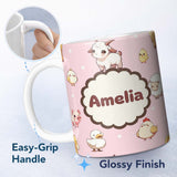Personalized Custom Name Cute Farm Animals Cow Pig Duck Chicken Pink Background Seamless 11oz Ceramic Coffee Tea Mug White Large Handle