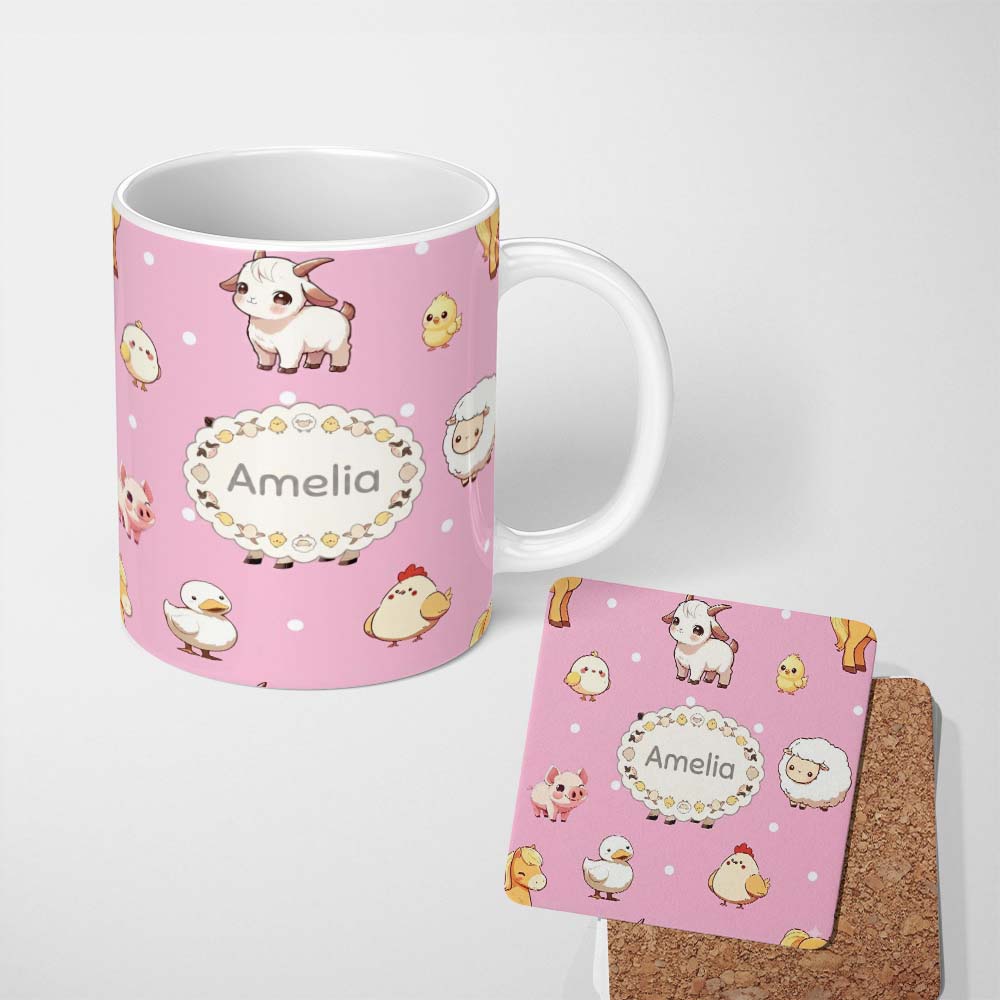 Personalized Custom Name Cute Farm Animals Cow Pig Duck Chicken Soft Pink Background 11oz Ceramic Coffee Tea Mug White Large Handle