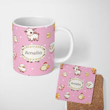 Personalized Custom Name Cute Farm Animals Cow Pig Duck Chicken Soft Pink Background 11oz Ceramic Coffee Tea Mug White Large Handle