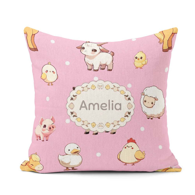 Custom Name Cute Farm Animals Cow Pig Duck Soft Pink Background Square Filled Cushion Throw Pillow Sofa Bed Home Decor Zip Washable UK Made