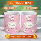 Personalized Custom Name Cute Farm Animals Cow Pig Duck Chicken Soft Pink Background 11oz Ceramic Coffee Tea Mug White Large Handle