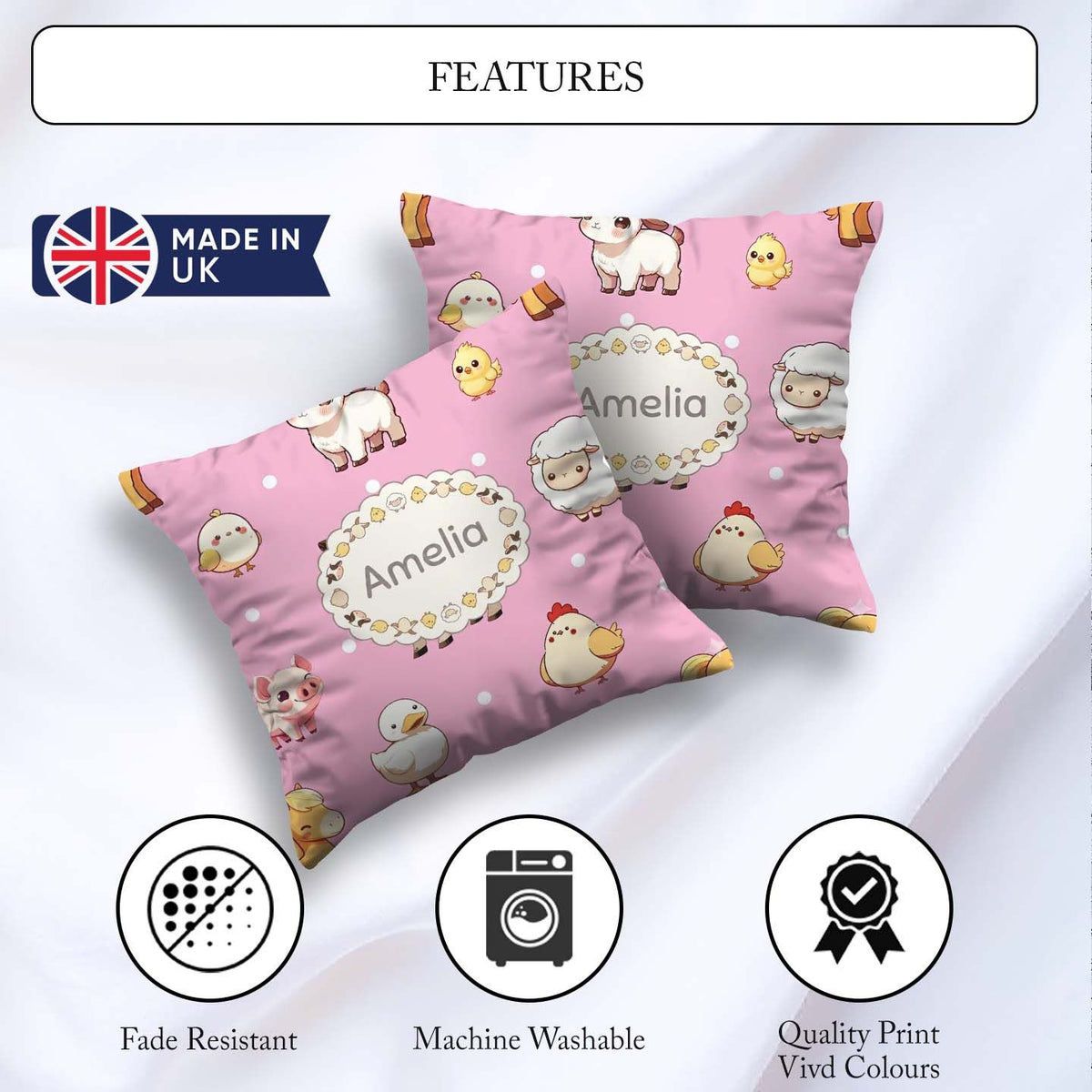 Custom Name Cute Farm Animals Cow Pig Duck Soft Pink Background Square Filled Cushion Throw Pillow Sofa Bed Home Decor Zip Washable UK Made